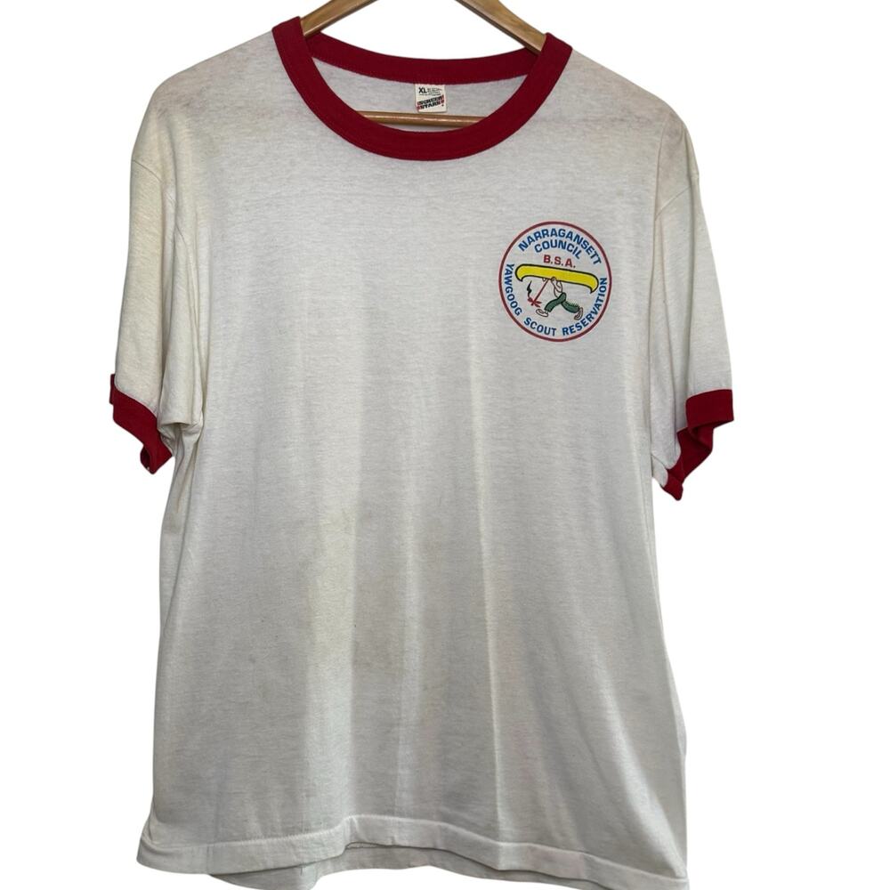 Vtg 1980's Screen Stars White Red Ringer T-Shirt Boy Scouts of America Camp